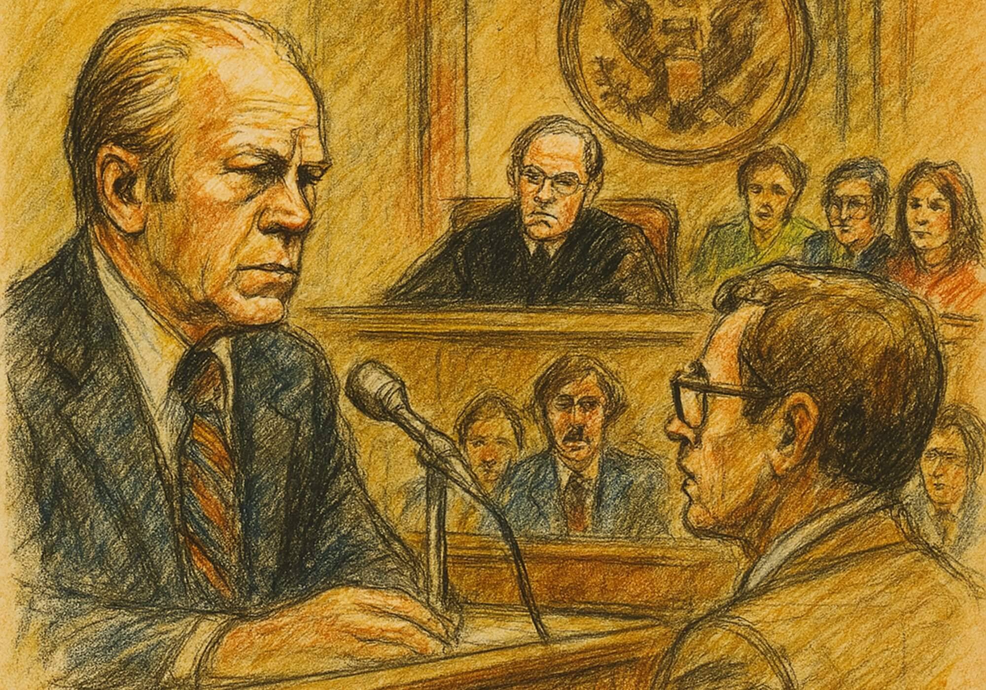 1970年代のアメリカ裁判所で証言する男性を描いた法廷スケッチ