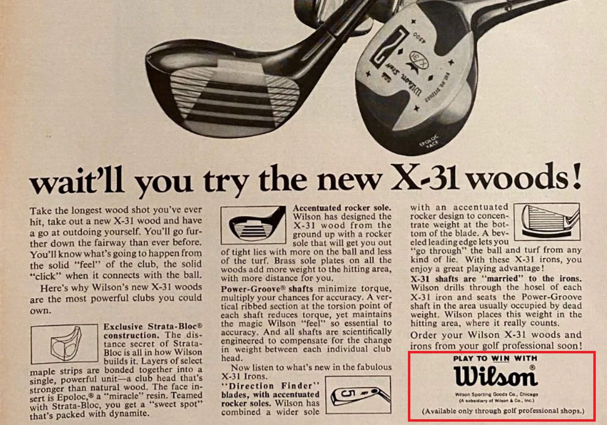 ウィルソン「X-31」ウッドのビンテージ広告。プロショップ限定販売を強調したクラブの宣伝。